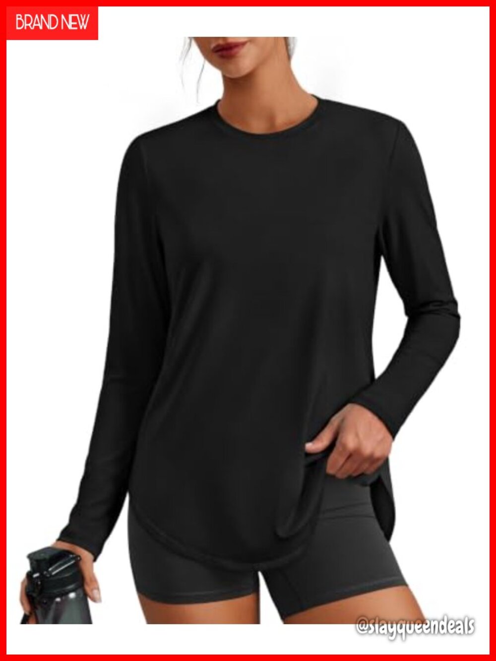 PINSPARK Women's Long Sleeve Workout Top Crew Neck Side Slit UPF 50+ Relaxed Fit